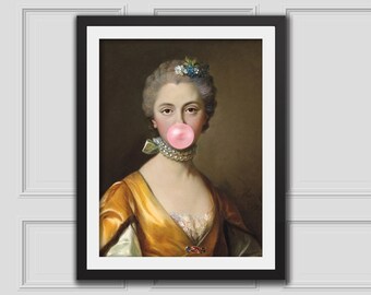 Elegante Lady Bubblegum Art Print, Altered Art Portrait,Altered Vintage Art,Eclectic Wall,Renaissance Art Print,Bubble Gum Girl,Funny Poster