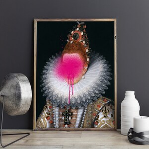 May include: A portrait of a person wearing a white lace collar and a gold and red jeweled crown. The person's face is obscured by a pink spray paint splatter.