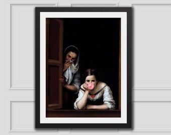 Girls In The Window Bubble Gum Art Print Printable Art Vintage Renaissance Art Altered Art Digital Download Altered Art Portrait Classic Art