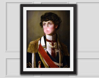 May include: Framed portrait of a person in a military-style uniform, with gold epaulettes and a red sash. The person is blowing a large pink bubble gum bubble. The artwork is set against a neutral background.