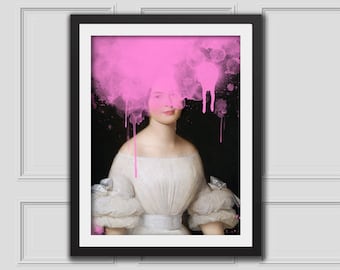 Pink Splatter Graffiti Dame Art Print, Altered Art Portrait, Altered Vintage Art,Eclectic Wall,Renaissance Art,Graffiti Wall Art,Pink Prints