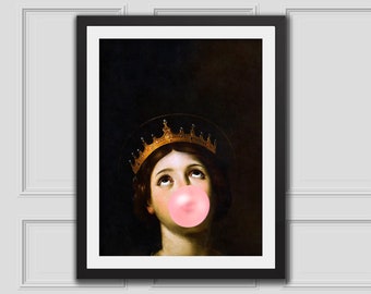 Bubblegum Queen Art Print,Printable Art,Vintage Painting,Vintage Print,Altered Art,Painting Portrait,Download Printable,Baroque Wall Decor