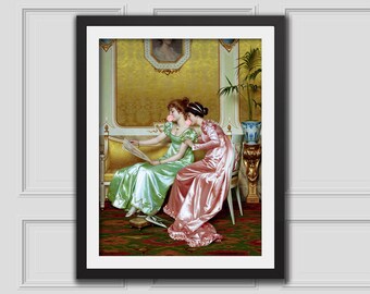 Two Ladies Reading w Bubblegum Eclectic Wall Art Alter Art Print Funny Vintage Altered Art Portrait Bubblegum Art Pink Print Rococo Painting