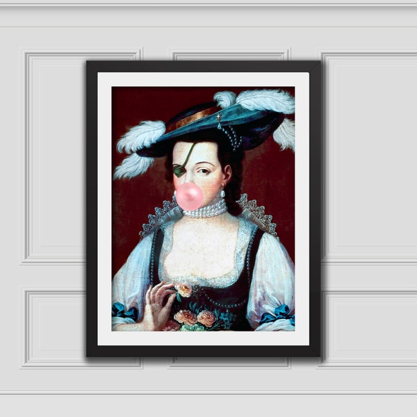 Lady With Eyepatch Bubblegum Art Print Altered Art Portrait Altered Vintage Art Eclectic Wall Art Renaissance Art Print Maximalist Wall Deco