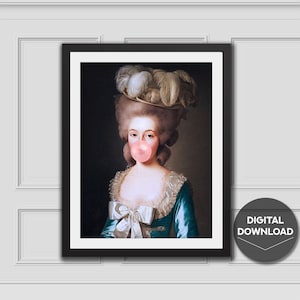 Portrait Renaissance d'une dame française avec chewing-gum, décoration murale chewing-gum, art imprimable, art mural éclectique, art altéré, art chewing-gum, art célèbre