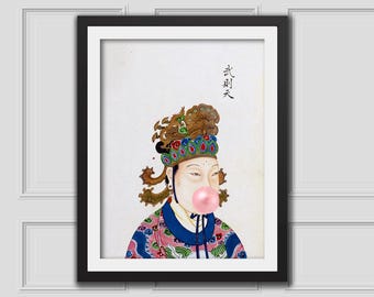 Wu Zetian Bubblegum Art | Veranderde Chinese Portret Kunst | Grappige Pop-Art Download | Eclectische Decoratie & Cadeau
