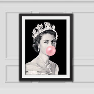 Queen Elizabeth II Bubblegum & Crown,Eclectic Wall Art,Alter Art Print,Funny Print,Vintage Poster,Platinum Jubilee Art,Queen Elizabeth Print