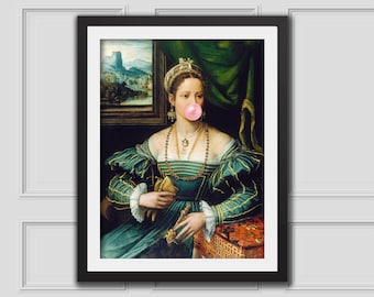 Portrait With Bubblegum Eclectic Wall Art Alter Art Print Funny Vintage Altered Art Portrait Bubblegum Art Renaissance Art Pink Print Poster