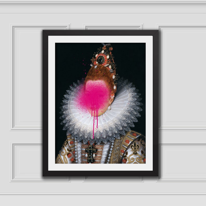 May include: A portrait of a woman wearing a white lace collar and a jeweled crown. Her face is obscured by pink spray paint with drips running down her neck.