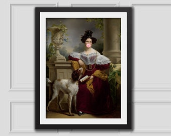 Alida And Dog Bubblegum, Eclectic Wall Art, Alter Art Print,Funny Vintage Altered Art Portrait,Bubblegum Art,Pink Print, Rococo Oil Painting