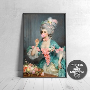 Impresión de chicle de dama con rosas, arte vintage alterado, arte de pared ecléctico, impresión de arte renacentista, arte alterado, arte enmarcado, arte del cartel, impresión de lienzo