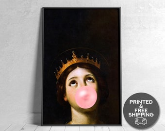 Bubblegum Queen Printed, Eclectic Wall Art, Vintage Painting, Altered Vintage Art,Altered Art Portrait Painting,Baroque Decor,Eclectic Decor