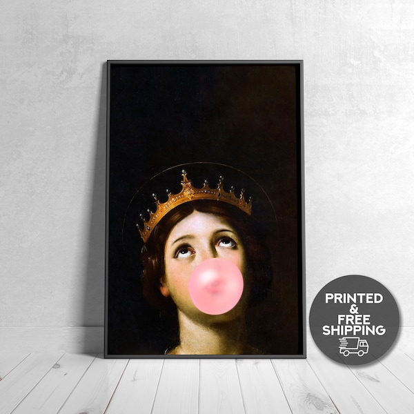 Bubblegum Queen Printed, Eclectic Wall Art, Vintage Painting, Altered Vintage Art,Altered Art Portrait Painting,Baroque Decor,Eclectic Decor