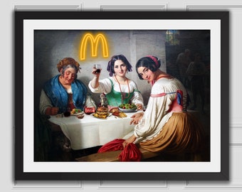 McDonald's Osteria With Neon Logo Print,Rococo Vintage,Altered Renaissance Art Vintage Portrait,Printable Quirky Wall Art,Eclectic Wall Art