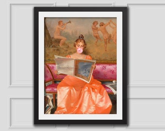 Stampa d'arte classica divertente - Donna vintage alterata con gomma da masticare, download digitale, decorazione da parete rococò eclettica e stravagante, arte per la casa stravagante
