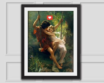 Couple On Swing Valentines Day Printable Decor, Altered Art, Valentine Printable Art, Eclectic Valentine Wall Art, Valentine Gift For Her