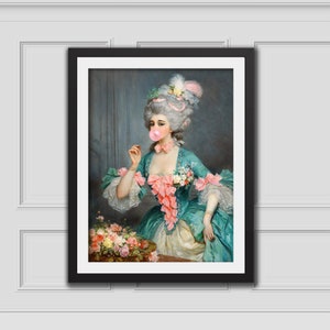 Dame mit Rosen und Kaugummi Kunstdruck, verändertes Art Portrait, verändertes Vintage Kunst, eklektische Wandkunst, Renaissance Kunstdruck, maximale Wanddekoration