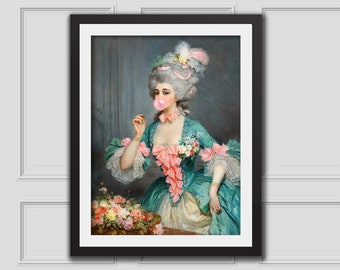 Stampa artistica Lady With Roses & Bubblegum, Ritratto artistico alterato, Arte vintage alterata, Arte murale eclettica, Stampa artistica rinascimentale, Decorazione murale massimalista