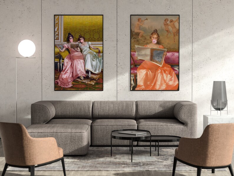 May include: Two framed paintings of women in vintage dresses. The painting on the left shows two women sitting on a couch, one reading a book. The painting on the right shows a woman sitting on a couch, reading a newspaper. Both paintings have a yellow background.