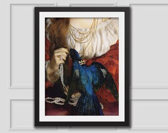 Pájaro azul con corona impresión de arte alterado, descargar imprimible, decoración de pared ecléctica, pintura renacentista, alter retrato, alter vintage, decoración barroca