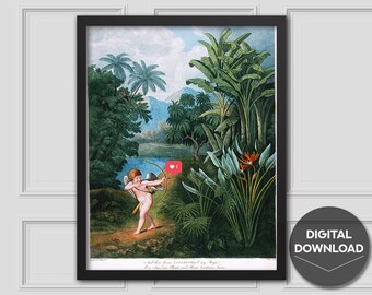 Cupid inspiring flowers with Love Valentines Day Poster,Altered Vintage Painting,Printable Art,Eclectic Wall Art,Altered Art,Valentines Day