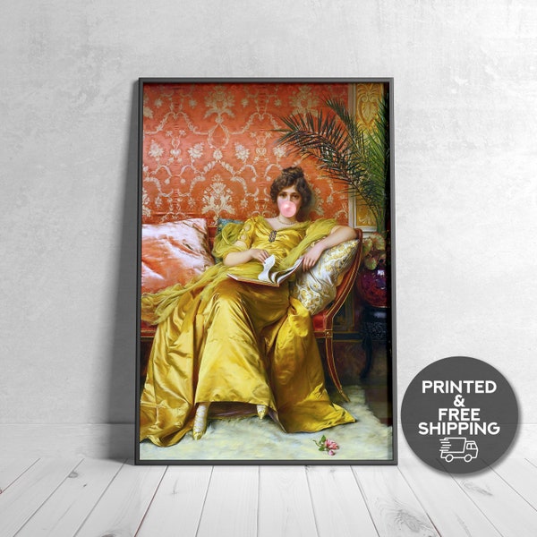 Gold Dress Bubblegum Print Altered Vintage Classic Art Eclectic Wall Art Renaissance Art Print Altered Art Framed Art Poster Canvas Print