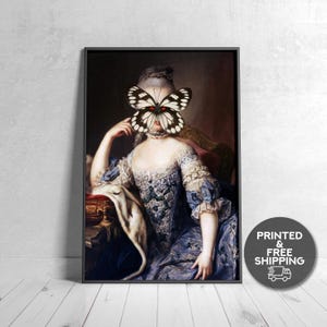 Altered Vintage Marie Antoinette Print - Surreal Butterfly Art, Rococo Wall Decor, Maximalist Portrait, Fine Art Gothic Canvas Poster