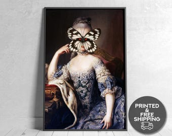 Altered Vintage Marie Antoinette Print - Surreal Butterfly Art, Rococo Wall Decor, Maximalist Portrait, Fine Art Gothic Canvas Poster
