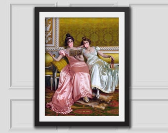 Ladies Blowing Bubblegum,Eclectic Wall Art,Altered Art Print,Funny Vintage Altered Art Portrait,Bubblegum Art,Pink Print,Rococo Oil Painting