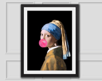 Pink Bubble Gum Poster Blowing Alter Art Portrait Girl With Pearl