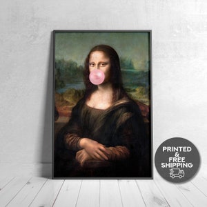 Impression encadrée de chewing-gum Mona Lisa, peinture vintage modifiée, portrait, impression d'art, impression d'art mural éclectique, art altéré, art de bubble-gum