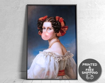 Bubble Gum Lady Art Print, Altered Vintage Portrait, Urban