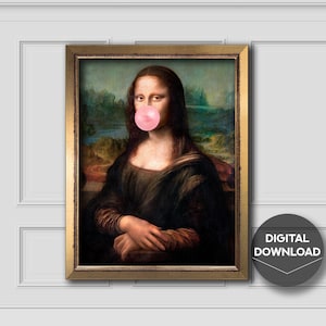 Mona Lisa Bubblegum Print - Funny Altered Vintage Art, Feminist Wall Decor - Eclectic Digital Download Art, Printable Renaissance Parody