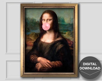 Stampa Mona Lisa Bubblegum | Arte Vintage Modificata Divertente,Decorazione Murale Femminista|Arte Digitale Eclettica,Parodia Rinascimentale