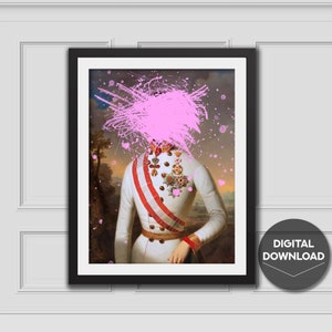 Puede incluir: Una descarga digital de una pintura de un hombre con un uniforme blanco con una salpicadura rosa sobre su cabeza.