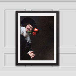 Peeking Cavalier w/ Rose Print Eclectic Wall Art Alter Art Print Funny Vintage Altered Art Portrait Valentines Gifts Rococo Oil Painting Art