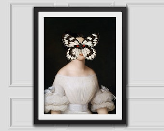 Dama con impresión de mariposa, retrato de arte alterado, arte vintage alterado, pared ecléctica, impresión de arte renacentista, impresión de arte clásico, impresión de arte alterado