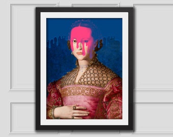 Eleonore Neon Paint Drip, Altered Art Portrait, Altered Vintage Art Digital Download, Eclectic Wall Art, Eclectic Decor,Art And Collectibles