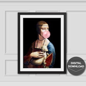 La dame avec impression de gomme à bulles à l’hermine, peinture vintage modifiée, peinture de portrait, art imprimable, impression d’art mural éclectique, art modifié, gomme à bulles