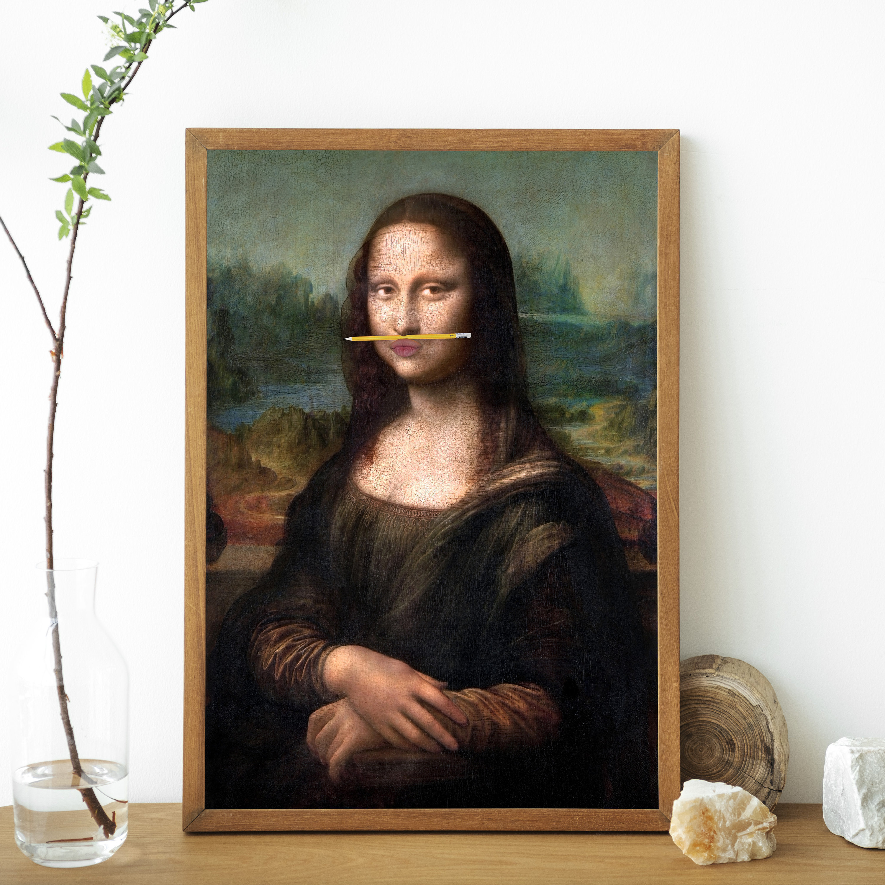 モナリザの唇に鉛筆を乗せたプリント、折衷的な壁アート、アート