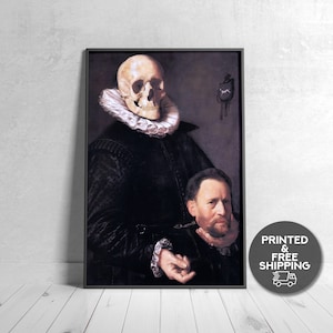 Portrait Of A Man With A Skull Print Altered Vintage Art Eclectic Wall Art Renaissance Art Print Altered Art Framed Art Poster Canvas Print