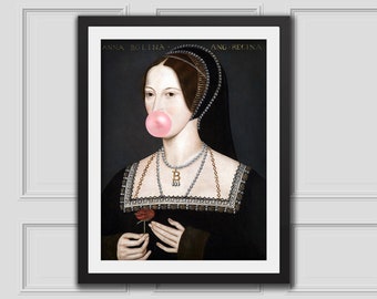 Anne Bubblegum Eclectic Wall Art Alter Art Print Funny Vintage Altered Art Portrait Bubblegum Art Renaissance Art Pink Prints Queen Poster