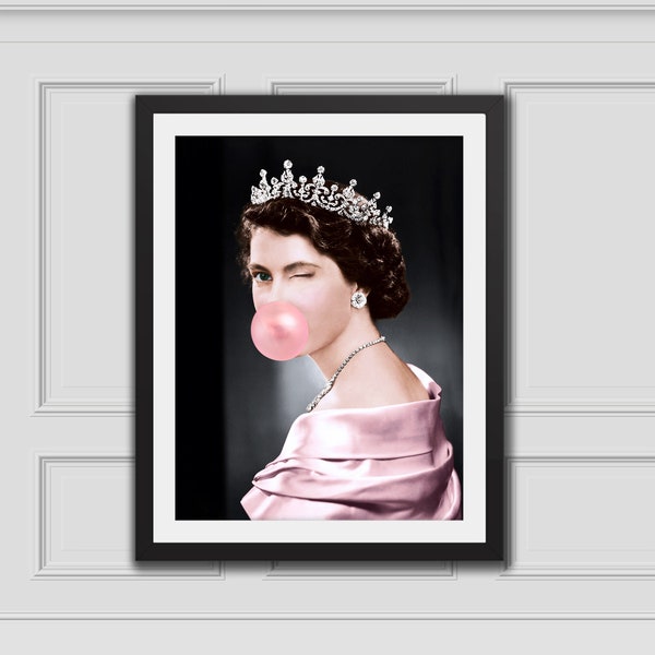 Queen Elizabeth II Print, Queen Elizabeth Wink,Bubblegum Art,Eclectic Home Decor,Alter Art Print,Funny Print,Vintage Poster,UK Queen,British