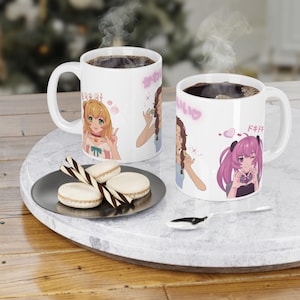 Kawaii Anime Girl Becher, süße Manga Art Keramikkaffeetasse, Pastellästhetik Geschenk, 11 Unze, 15 Unze, 20 Unze Größen, gemütliche Anime-Liebhaber-Tasse