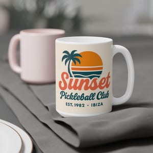 Sunset Pickleball Club Ceramic Mug, Tropical Coffee Cup, Beach Vibes Drinkware, Perfect Gift for Pickleball Enthusiasts