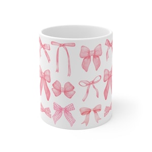 Pink Bow Mug | Cute Girly Coffee Cup | Personalized Ribbon Mug for Women, Teens and Gift Lovers