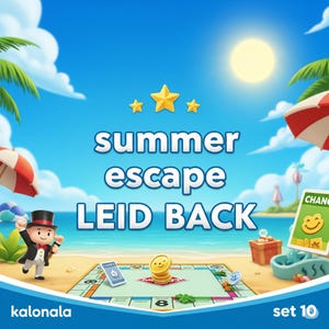 May include: A vibrant illustration of a Monopoly-themed board game set on a beach, with the words "summer escape LEID BACK". The scene includes a Monopoly man, Chance cards, and a treasure chest under a sunny sky.