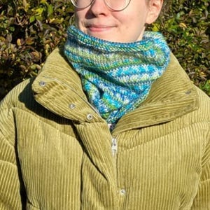 May include: A light olive green corduroy jacket with a zip and high collar. The jacket is worn over a blue, green, and white knitted cowl. The background is a dense arrangement of green and brown leaves.