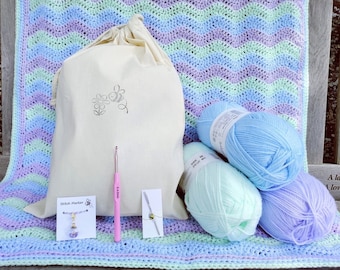 Crochet Baby Blanket Kit: Ripple Design, Beginner Friendly