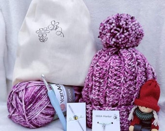 Kit para tejer un gorro de lana a crochet: ideal para principiantes, mezcla de lana gruesa